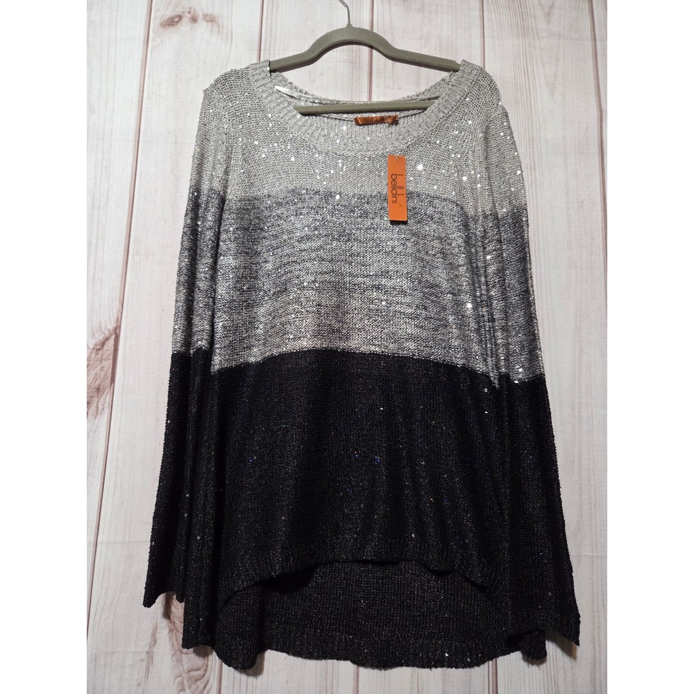 Belldini Womens XL Sequin Colorblock Knit Sweater Silver Black NWT Sparkle